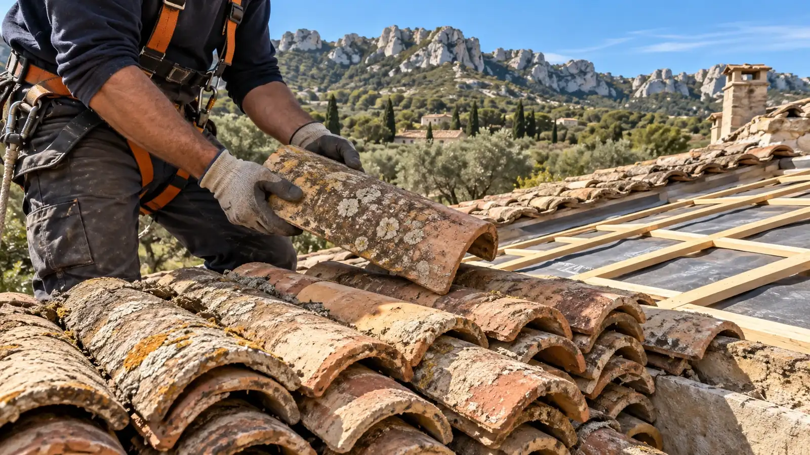Couvreur avec harnais triant des tuiles canal anciennes sur un toit en rénovation, face aux Alpilles